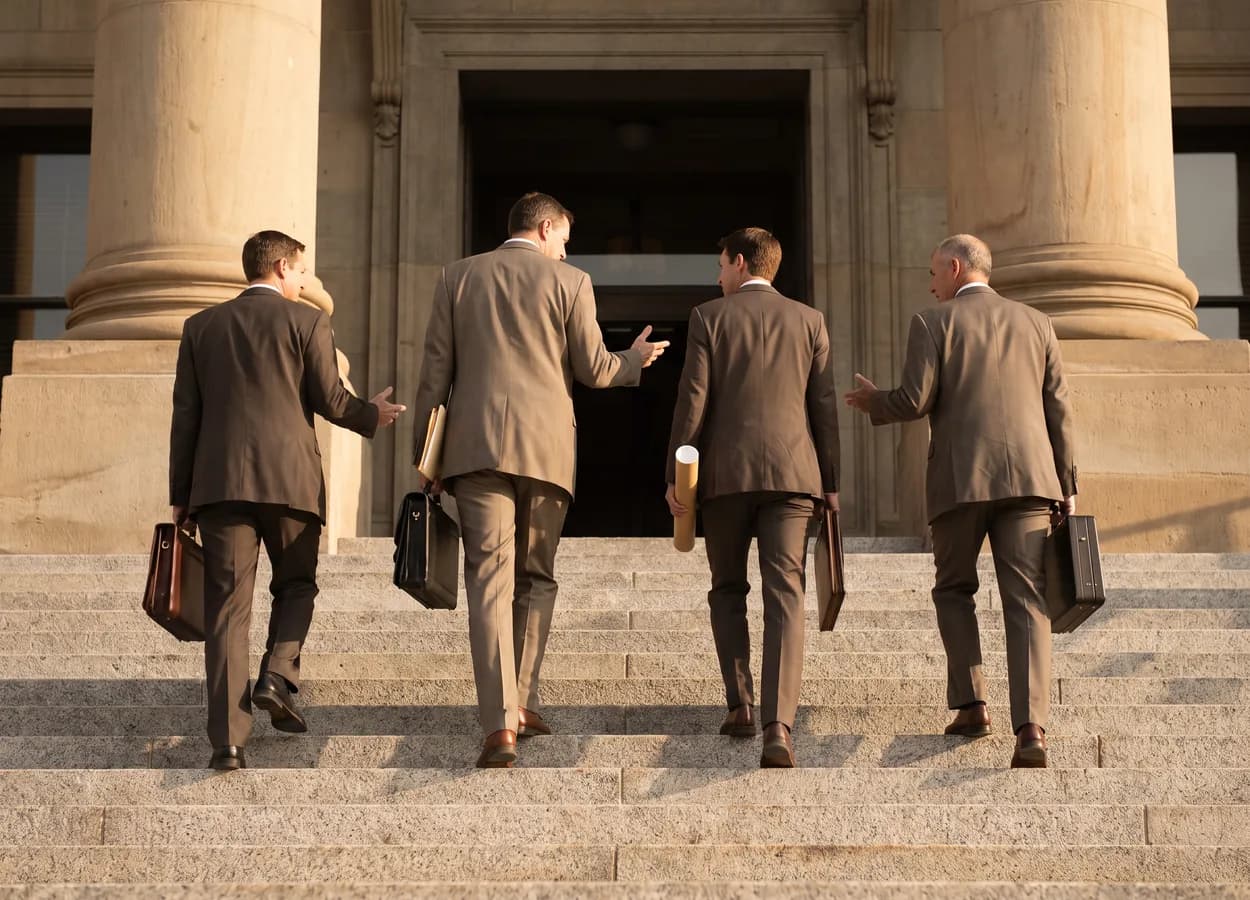 association representatives carrying documents up the steps of a state capitol