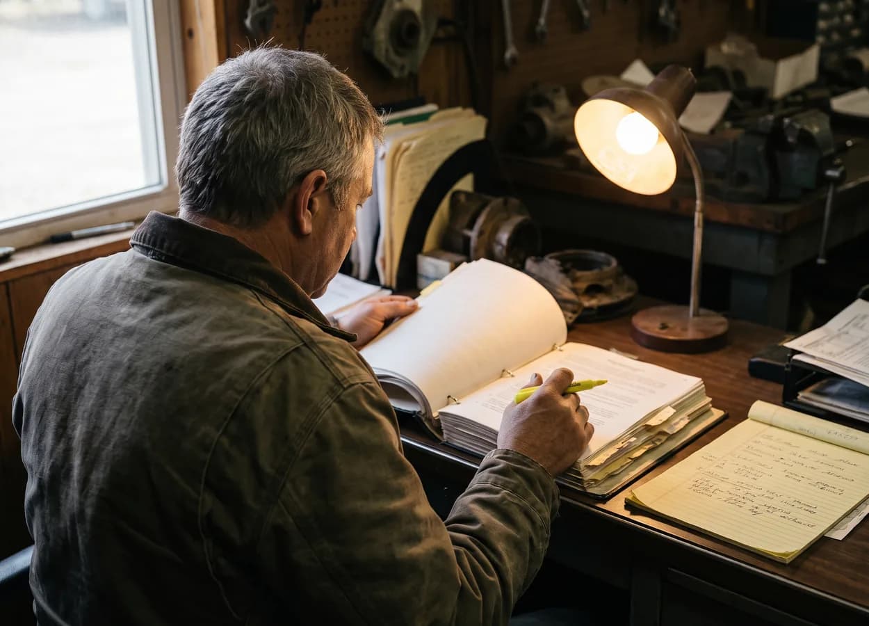 collision repair shop owner reading state regulations at an office desk
