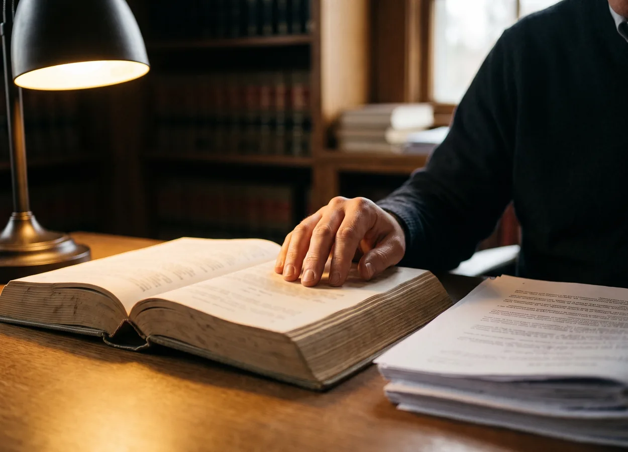 person reading collision repair regulations and legal statute documents