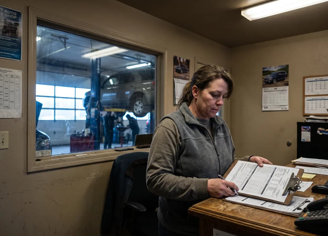 shop manager reviewing printed regulatory paperwork in a collision repair office