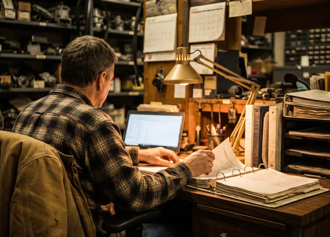 collision shop manager reviewing industry references on a laptop