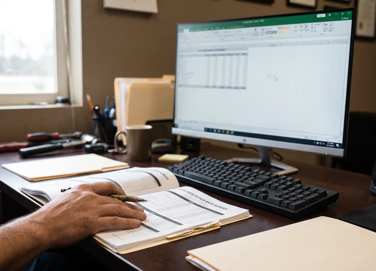 printed collision repair rate survey open beside a spreadsheet on screen