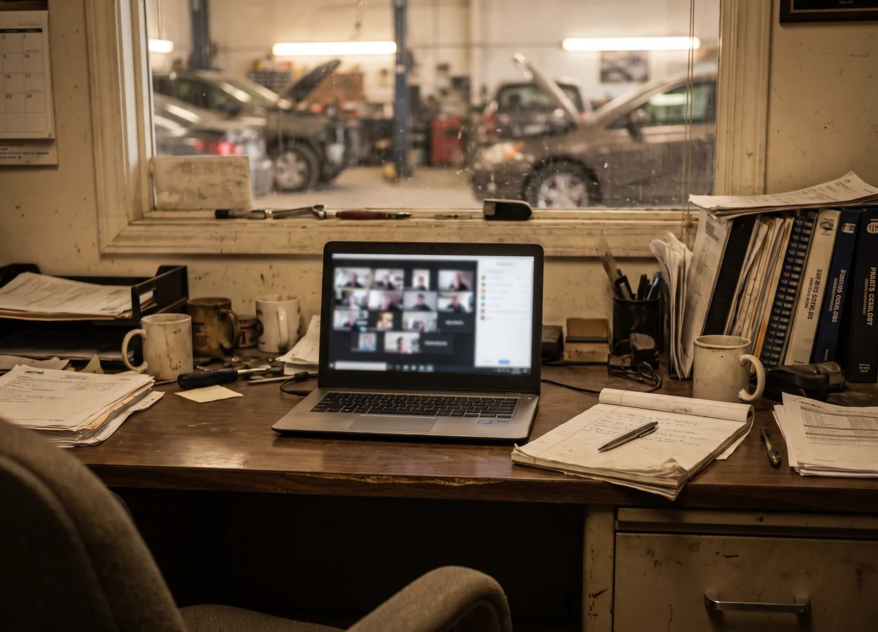 member webinar open on a laptop in a collision repair shop office