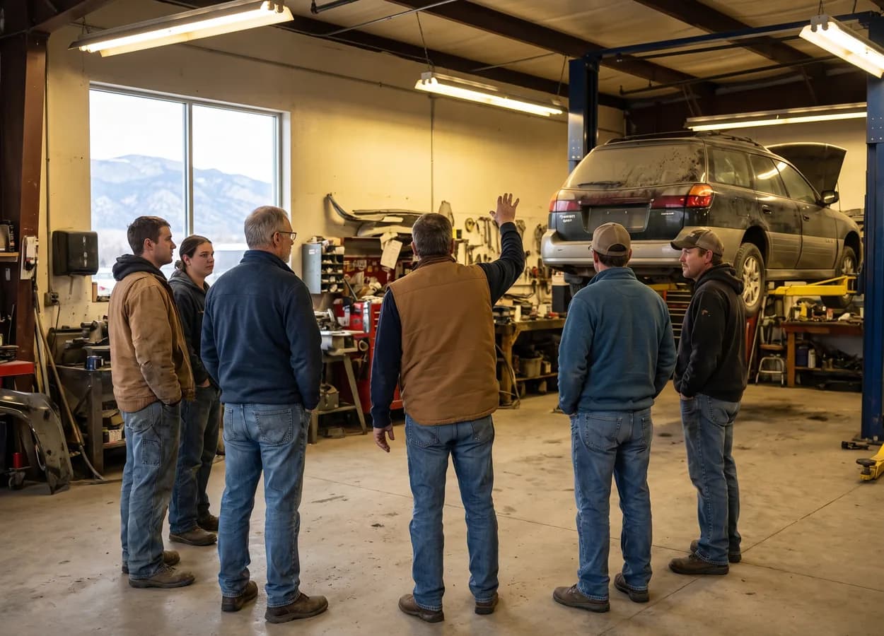 collision repair association representatives meeting with auto body shop owners