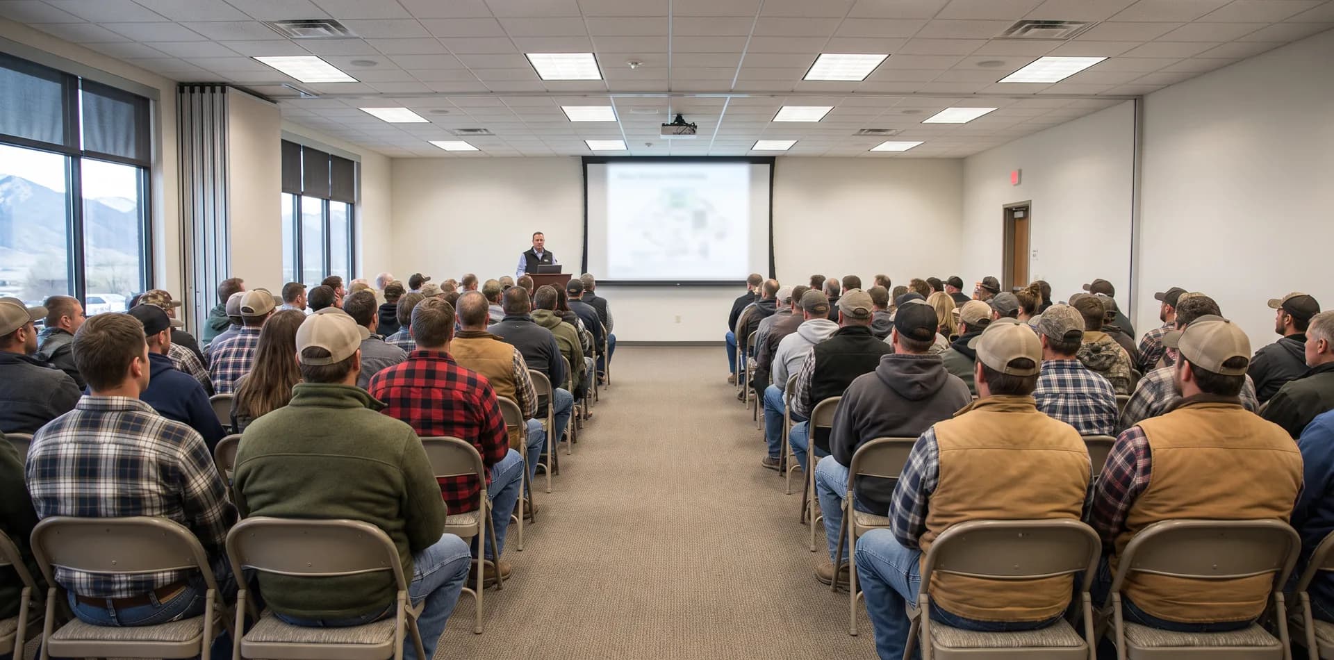 presenter speaking to collision repair professionals at an industry seminar
