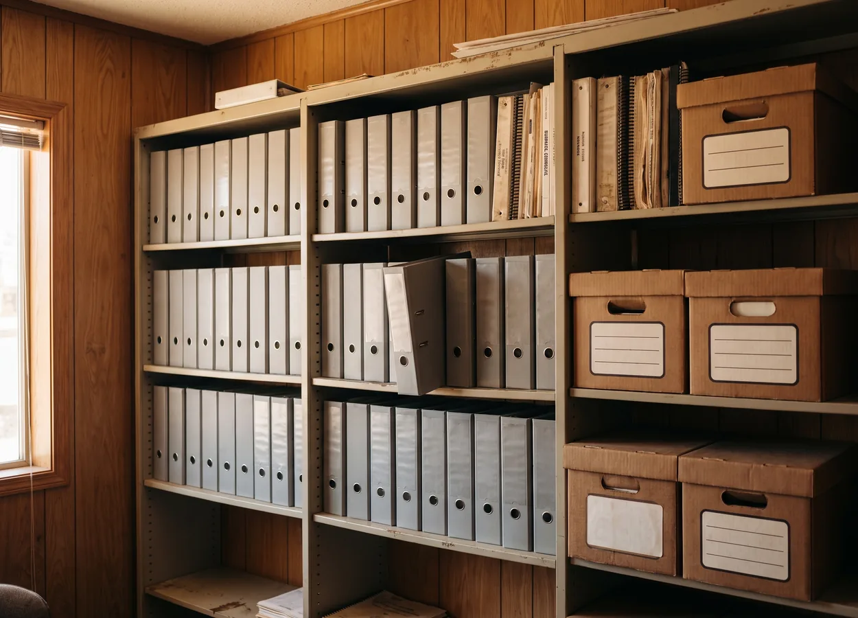 organized shelves of collision repair reference guides and documents