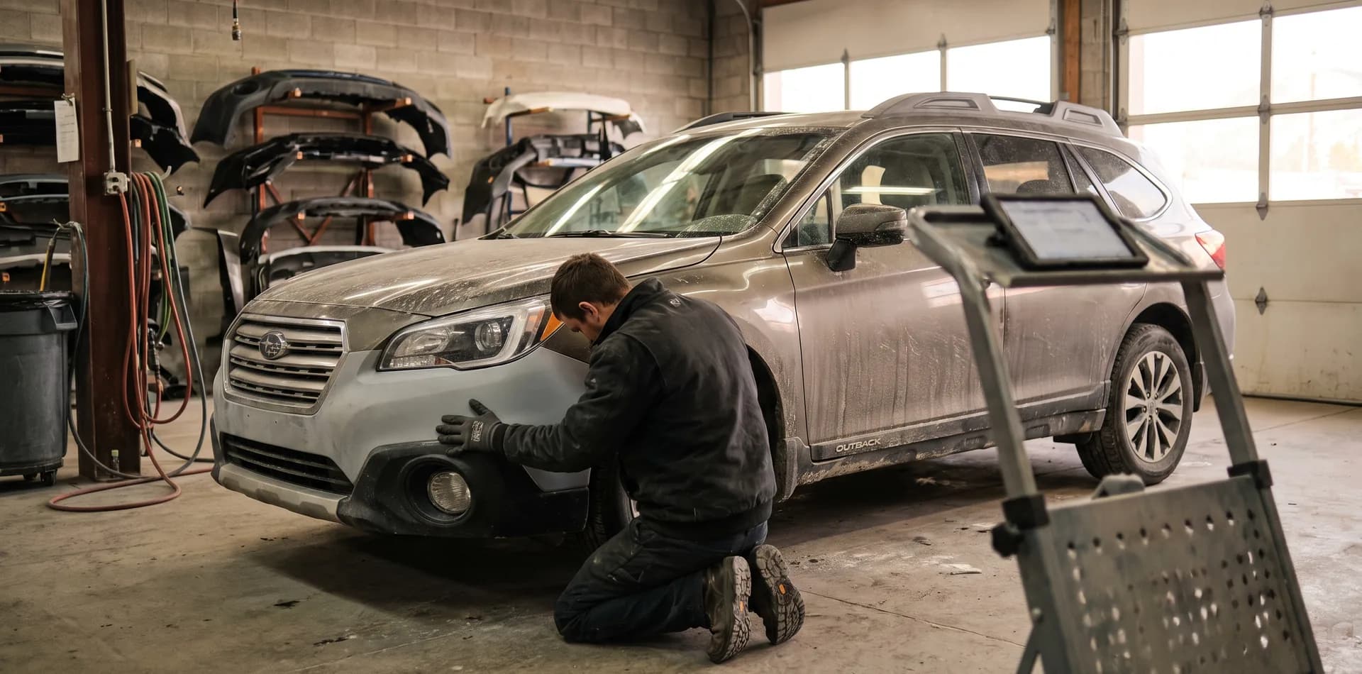 technician working at the front bumper of a vehicle in a collision repair shop