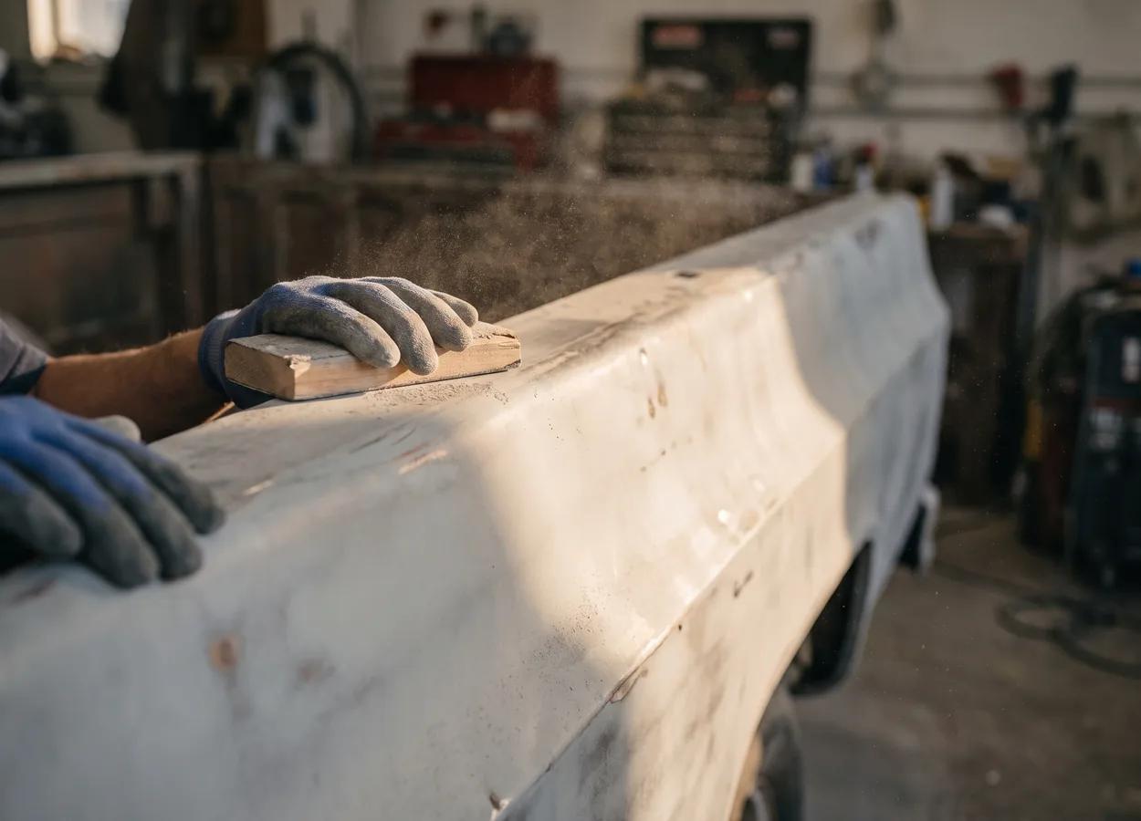 close-up of auto body work on a vehicle panel