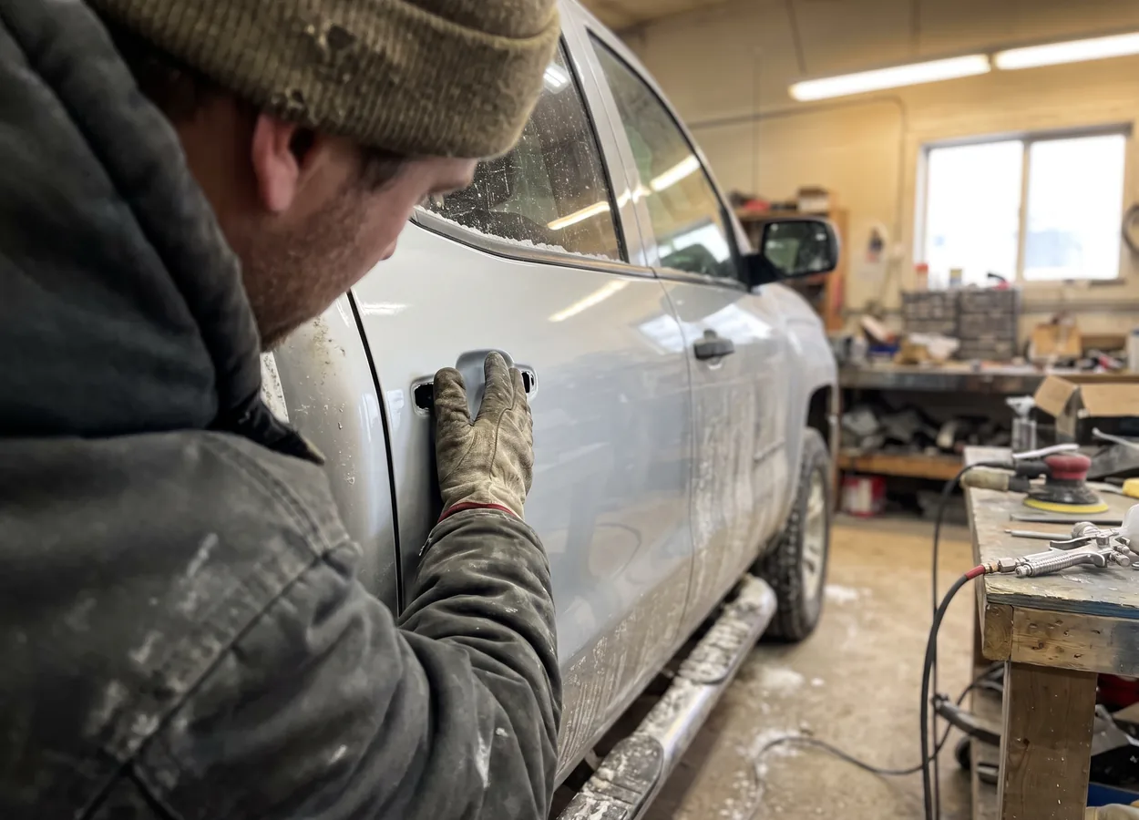 auto body technician carefully inspecting a vehicle repair for quality
