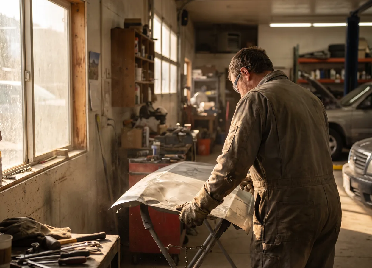 collision repair technician working in an auto body shop