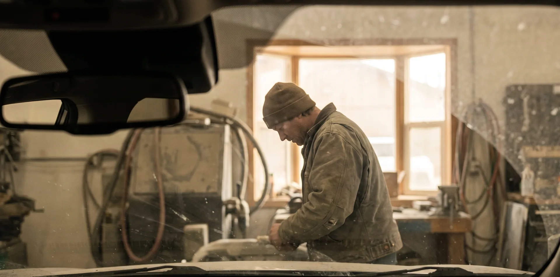 technician working at a vehicle windshield in a collision repair shop