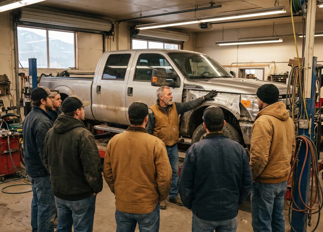instructor teaching collision repair techniques to a group of technicians