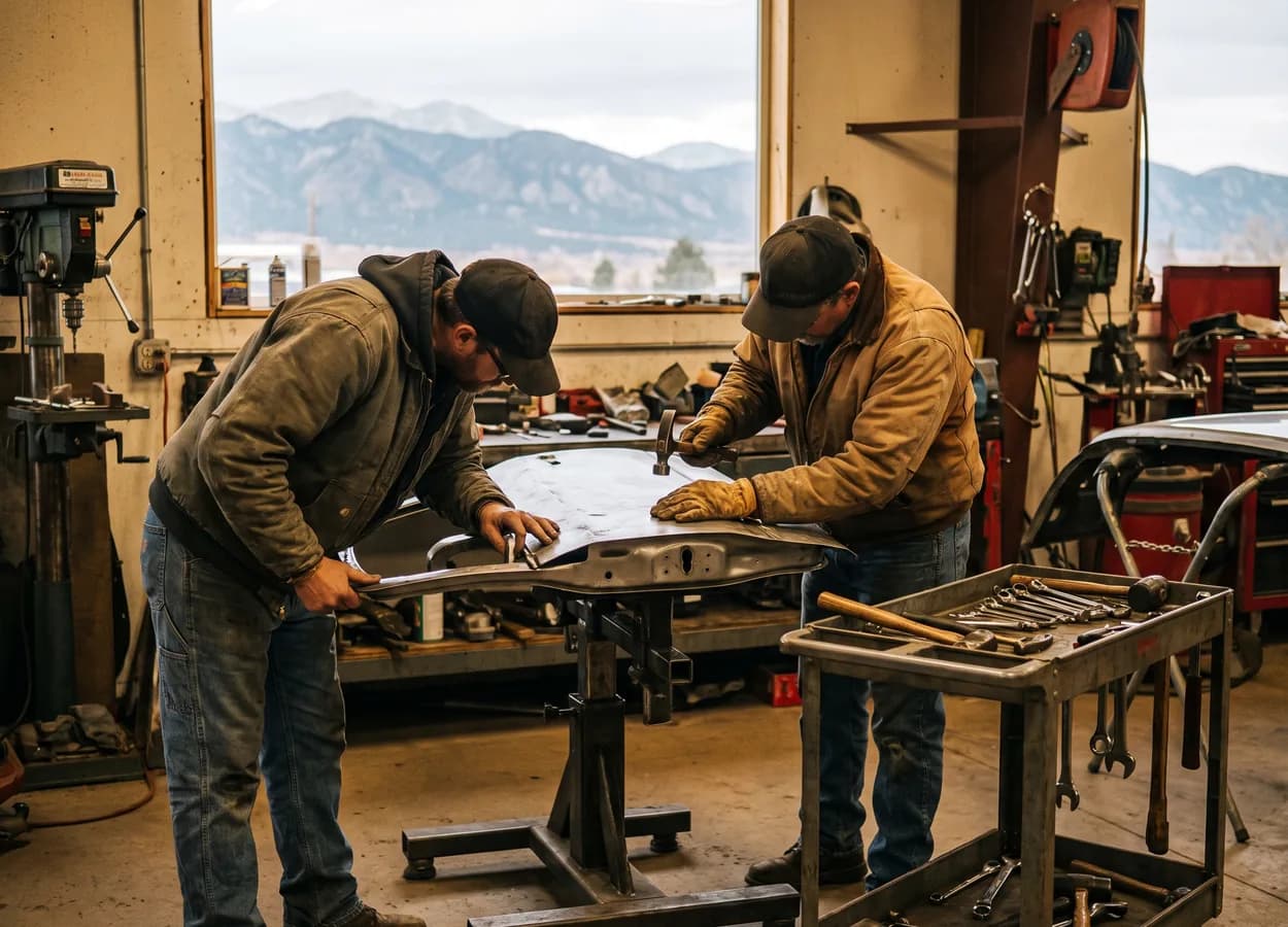 collision repair training session, technicians practicing on a vehicle