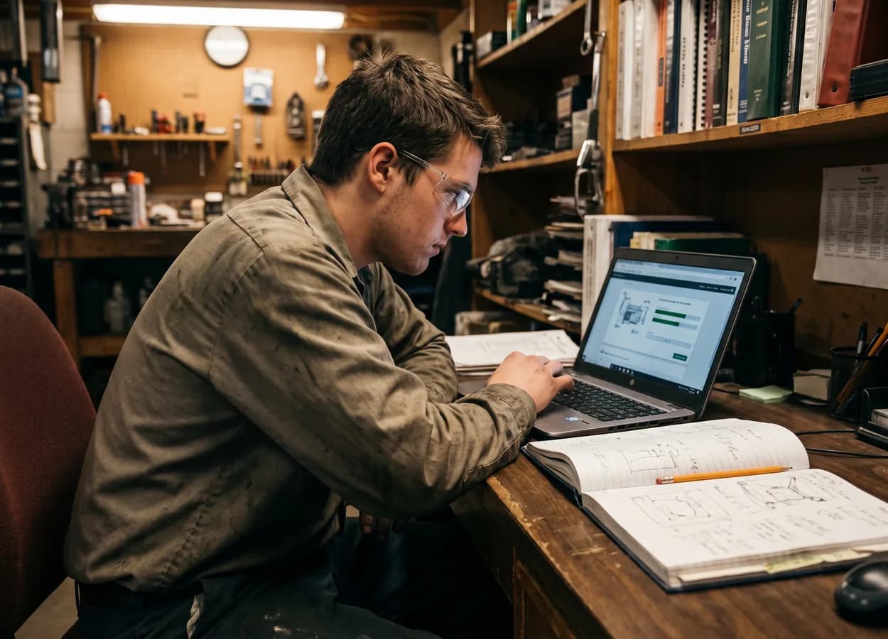collision repair technician working through an online certification course