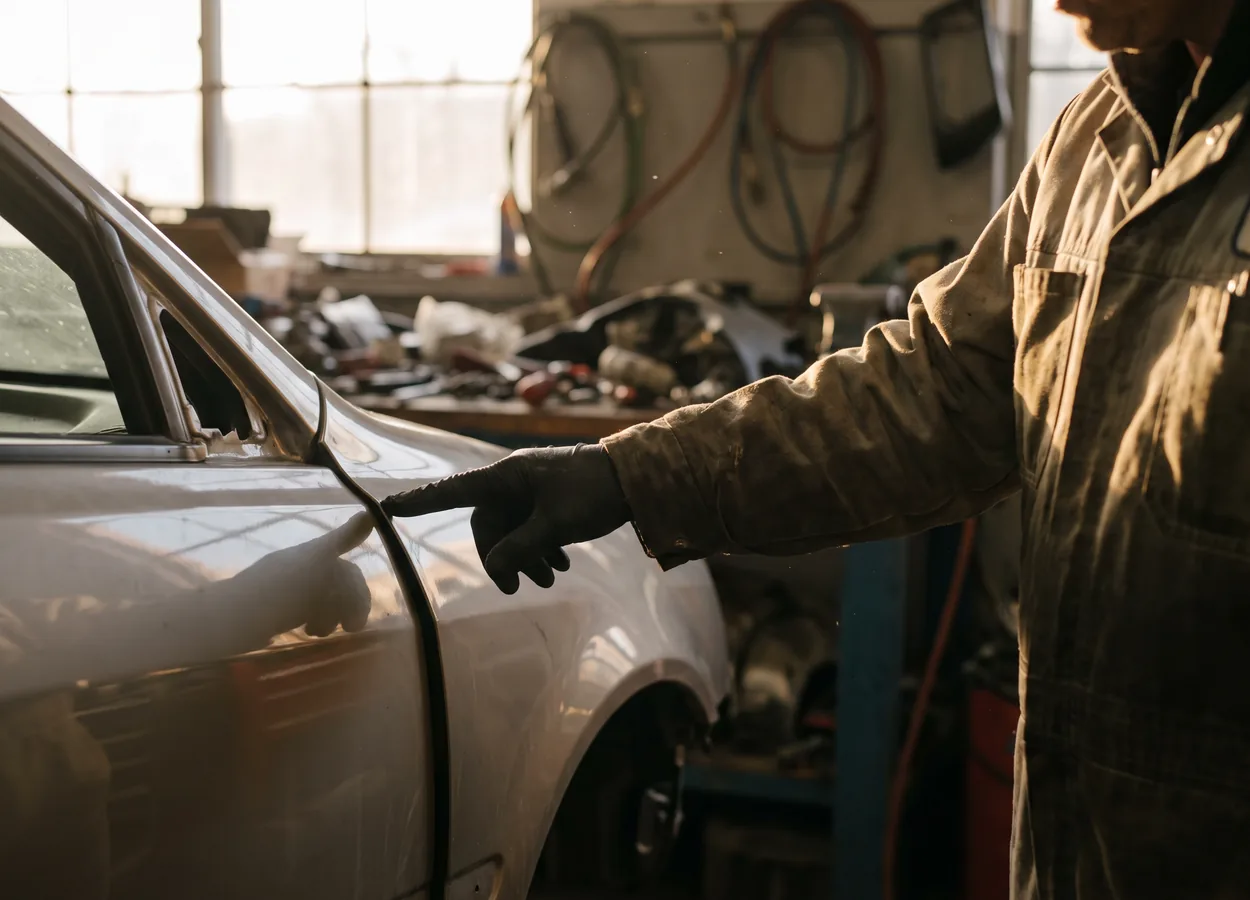 technician checking panel alignment at a collision repair workshop