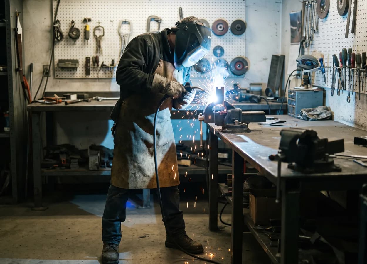 technician practicing welding at a collision repair workshop