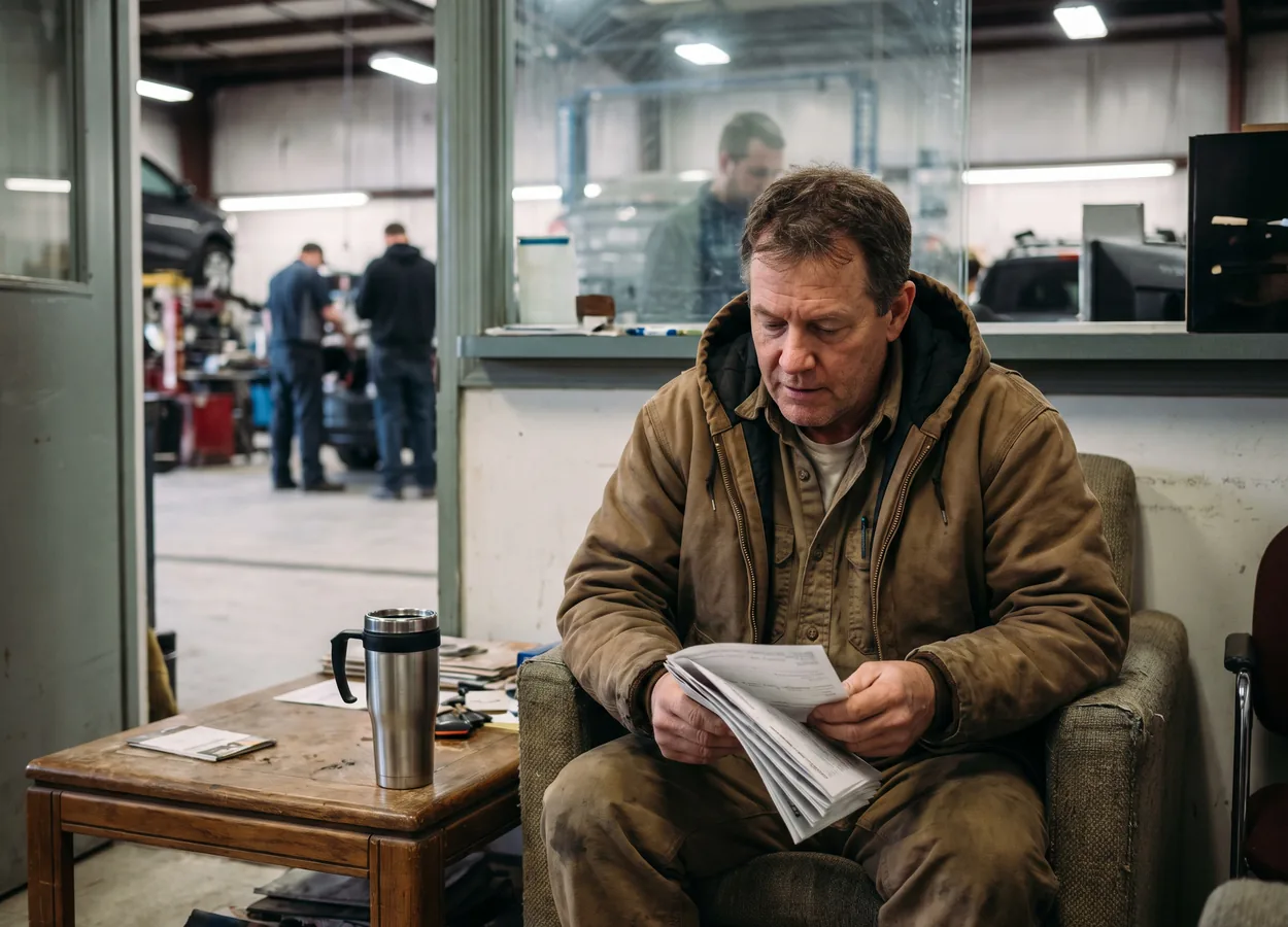 vehicle owner reading claim paperwork in a collision repair waiting area