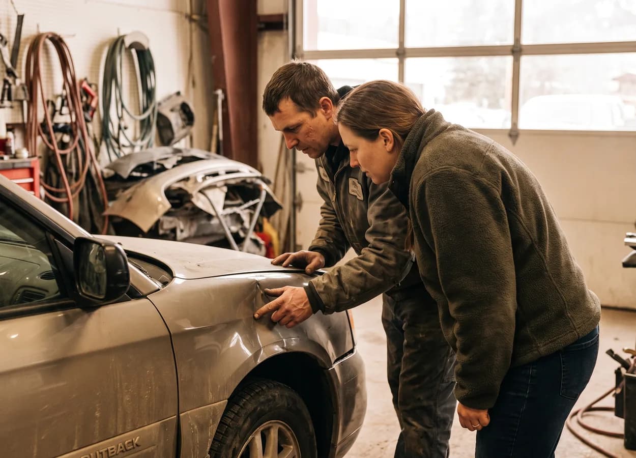 customer asking a collision repair technician questions about a repair