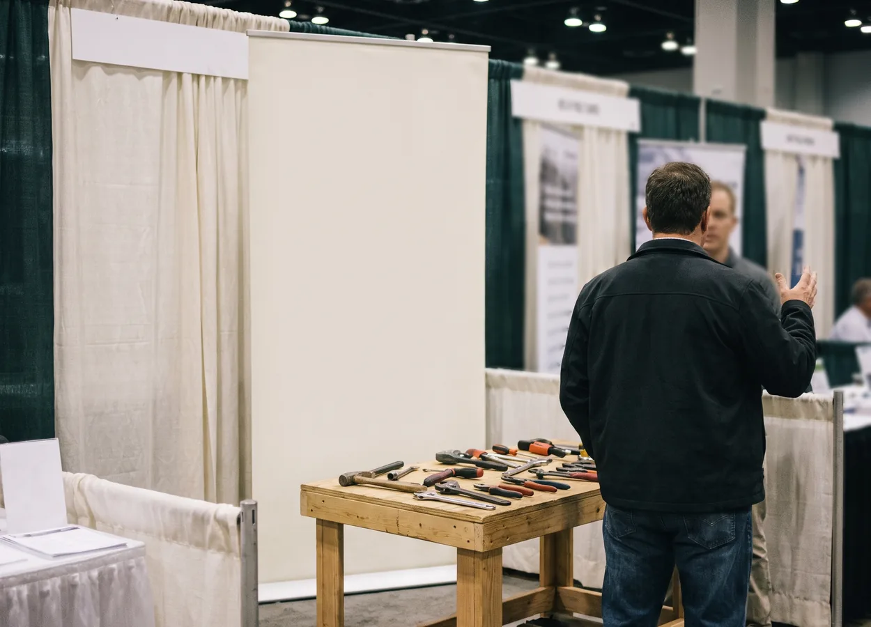 sponsor booth and branded banner at an automotive trade show