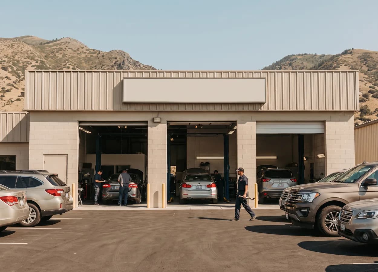 collision repair shop with open bays and vehicles being worked on